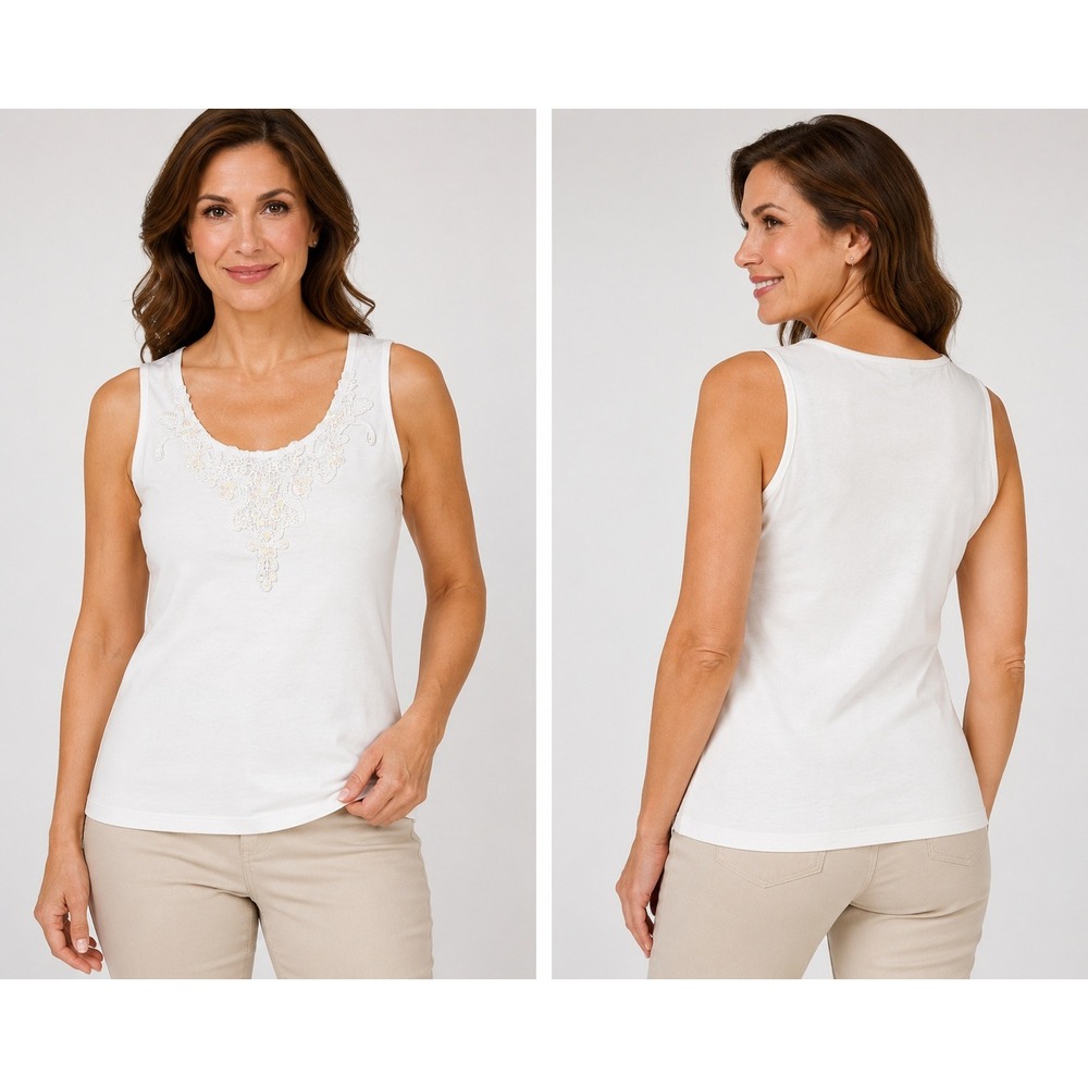 Emma James Petite White Cotton Tank Top Lace Sequin Neckline Sleeveless Large P